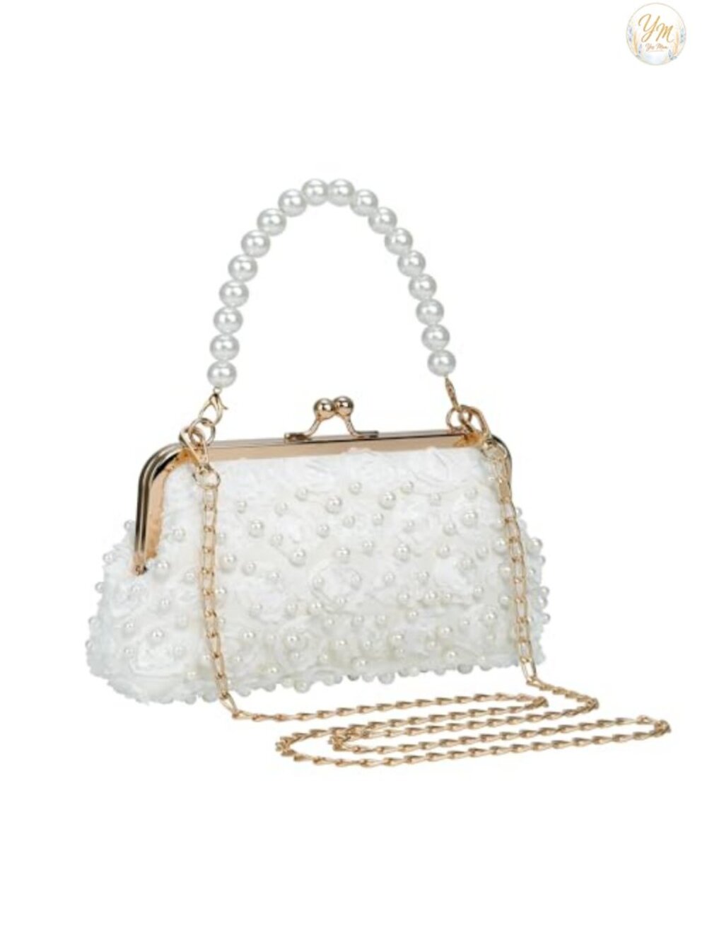 Beaded Pearl Rhinestone Evening Clutch with Chain Strap